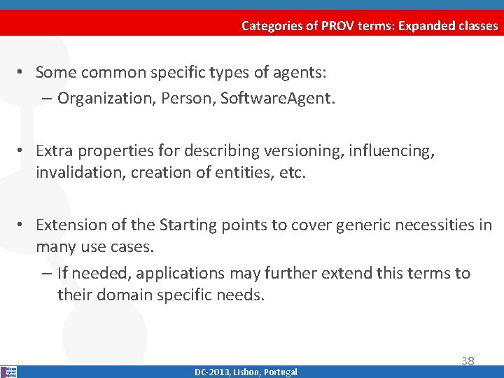 Categories of PROV terms: Expanded classes • Some common specific types of agents: –