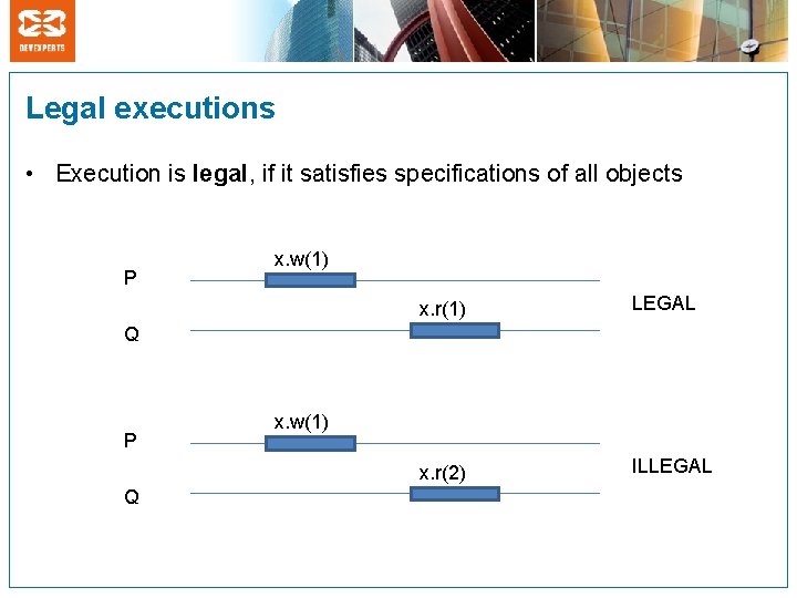 Legal executions • Execution is legal, if it satisfies specifications of all objects P