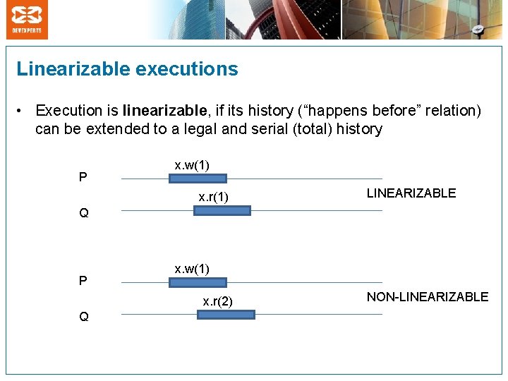 Linearizable executions • Execution is linearizable, if its history (“happens before” relation) can be