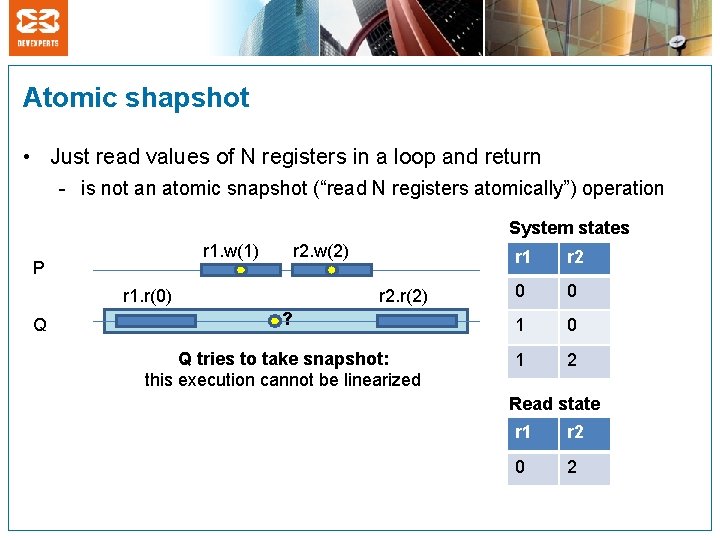 Atomic shapshot • Just read values of N registers in a loop and return