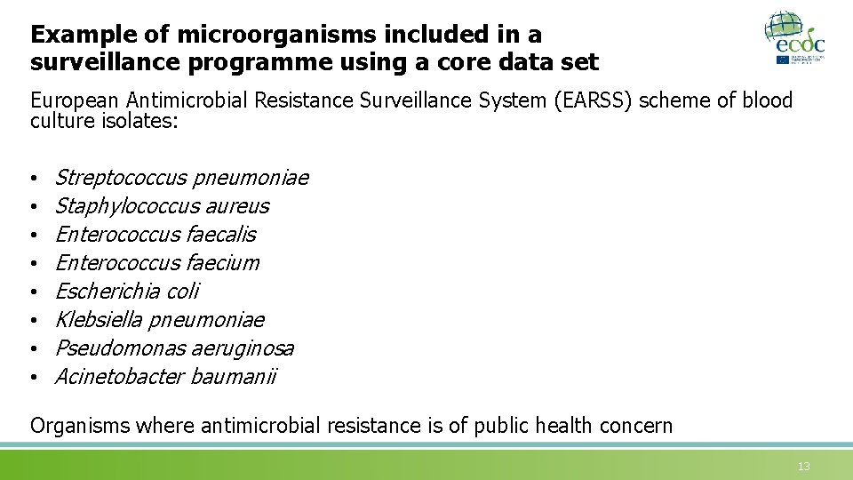Example of microorganisms included in a surveillance programme using a core data set European