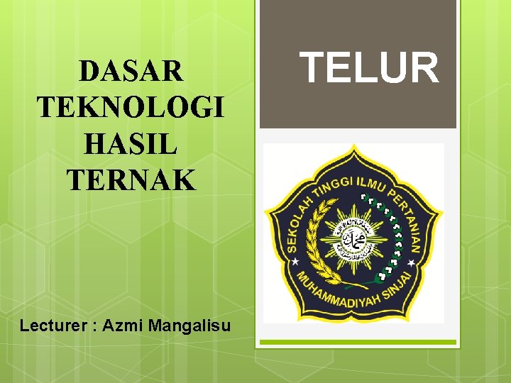 DASAR TEKNOLOGI HASIL TERNAK Lecturer : Azmi Mangalisu TELUR 