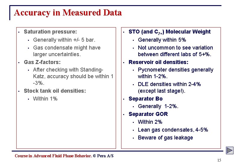 Accuracy in Measured Data • Saturation pressure: Generally within +/- 5 bar. • Gas