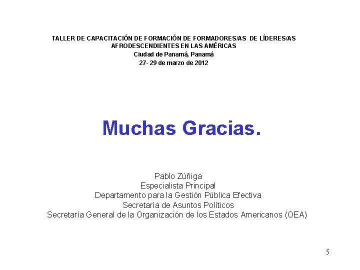 TALLER DE CAPACITACIÓN DE FORMADORES/AS DE LÍDERES/AS AFRODESCENDIENTES EN LAS AMÉRICAS Ciudad de Panamá,