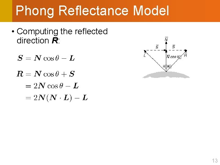 Phong Reflectance Model • Computing the reflected direction R: 13 