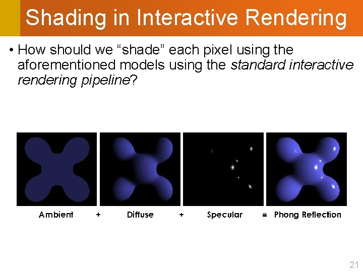 Shading in Interactive Rendering • How should we “shade” each pixel using the aforementioned