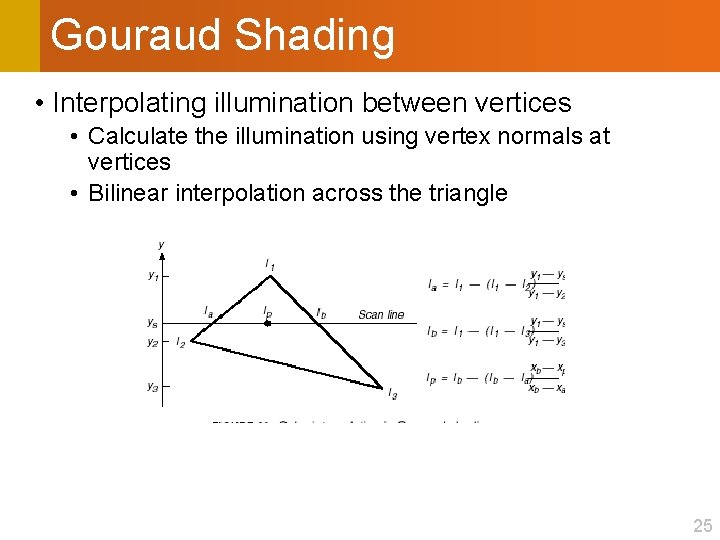 Gouraud Shading • Interpolating illumination between vertices • Calculate the illumination using vertex normals