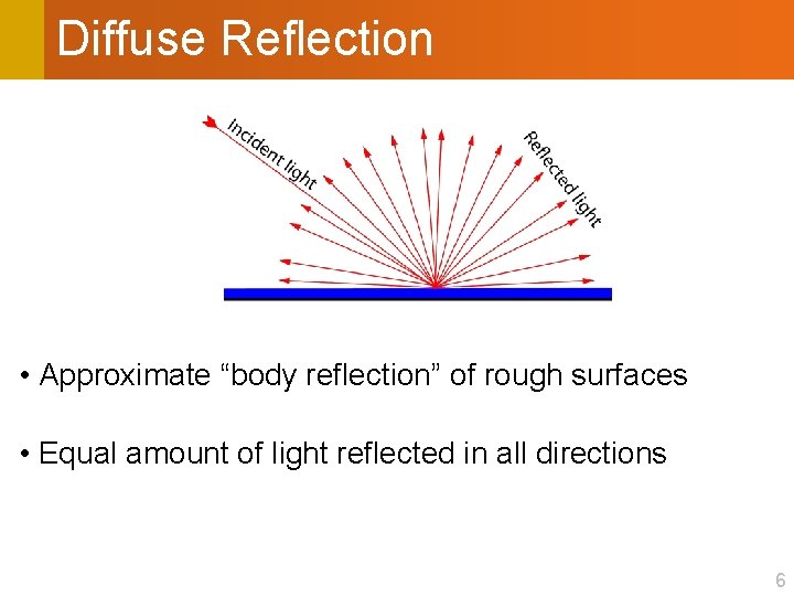 Diffuse Reflection • Approximate “body reflection” of rough surfaces • Equal amount of light