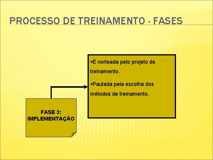 PROCESSO DE TREINAMENTO - FASES §É norteada pelo projeto de treinamento. §Pautada pela escolha PROCESSO DE TREINAMENTO - FASES §É norteada pelo projeto de treinamento. §Pautada pela escolha