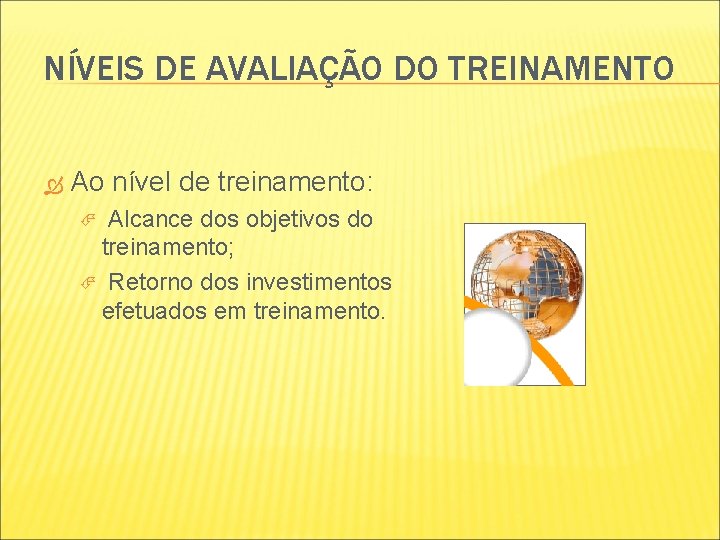 NÍVEIS DE AVALIAÇÃO DO TREINAMENTO Ao nível de treinamento: Alcance dos objetivos do treinamento; NÍVEIS DE AVALIAÇÃO DO TREINAMENTO Ao nível de treinamento: Alcance dos objetivos do treinamento;