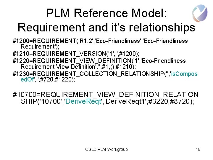 PLM Reference Model: Requirement and it’s relationships #1200=REQUIREMENT('R 1. 2', 'Eco-Friendliness Requirement'); #1210=REQUIREMENT_VERSION('1', '',