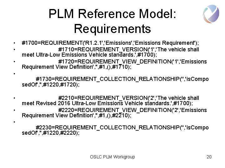 PLM Reference Model: Requirements • • #1700=REQUIREMENT('R 1. 2. 1', 'Emissions Requirement'); #1710=REQUIREMENT_VERSION('1', 'The