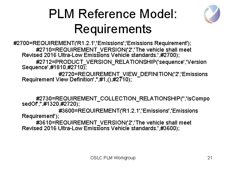 PLM Reference Model: Requirements #2700=REQUIREMENT('R 1. 2. 1', 'Emissions Requirement'); #2710=REQUIREMENT_VERSION('2', 'The vehicle shall