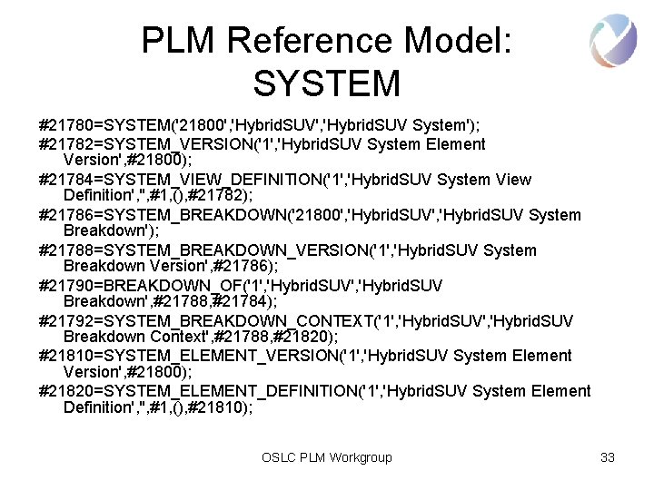 PLM Reference Model: SYSTEM #21780=SYSTEM('21800', 'Hybrid. SUV System'); #21782=SYSTEM_VERSION('1', 'Hybrid. SUV System Element Version',