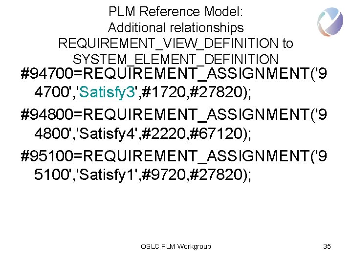PLM Reference Model: Additional relationships REQUIREMENT_VIEW_DEFINITION to SYSTEM_ELEMENT_DEFINITION #94700=REQUIREMENT_ASSIGNMENT('9 4700', 'Satisfy 3', #1720, #27820);