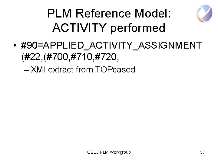 PLM Reference Model: ACTIVITY performed • #90=APPLIED_ACTIVITY_ASSIGNMENT (#22, (#700, #710, #720, – XMI extract