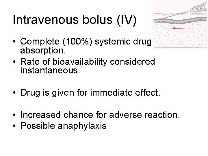 Intravenous bolus (IV) • Complete (100%) systemic drug absorption. • Rate of bioavailability considered