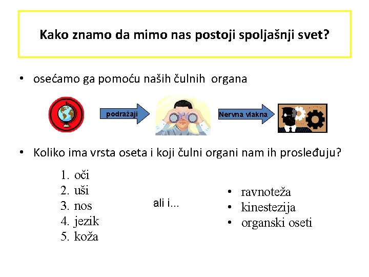 Kako znamo da mimo nas postoji spoljašnji svet? • osećamo ga pomoću naših čulnih