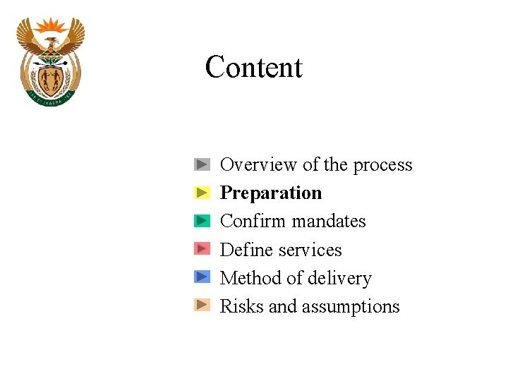 Content Overview of the process Preparation Confirm mandates Define services Method of delivery Risks