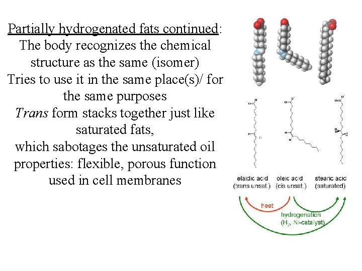 Partially hydrogenated fats continued: The body recognizes the chemical structure as the same (isomer) Partially hydrogenated fats continued: The body recognizes the chemical structure as the same (isomer)