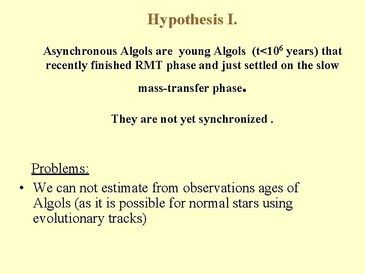 Hypothesis I. Asynchronous Algols are young Algols (t<106 years) that recently finished RMT phase