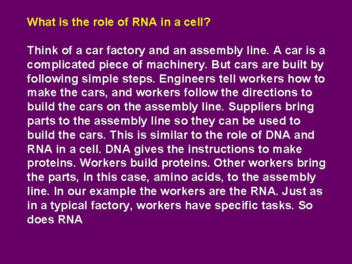 What is the role of RNA in a cell? Think of a car factory