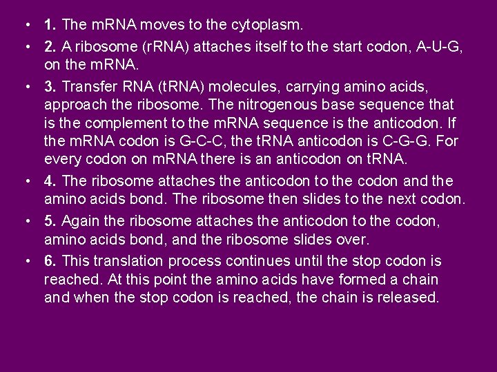  • 1. The m. RNA moves to the cytoplasm. • 2. A ribosome