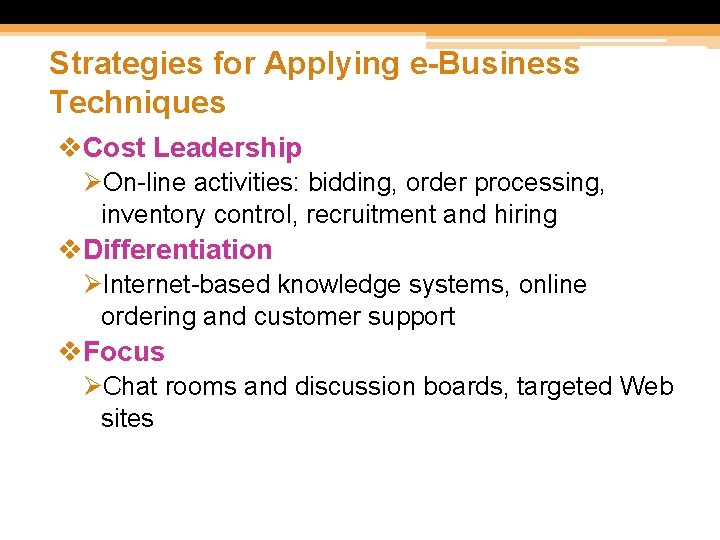 Strategies for Applying e-Business Techniques v. Cost Leadership ØOn-line activities: bidding, order processing, inventory