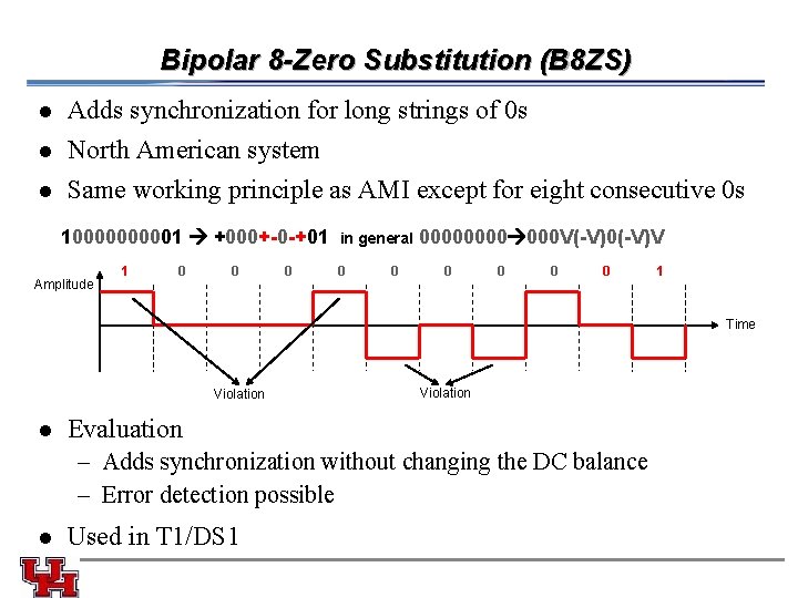 Bipolar 8 -Zero Substitution (B 8 ZS) l Adds synchronization for long strings of