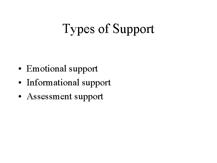 Types of Support • Emotional support • Informational support • Assessment support 
