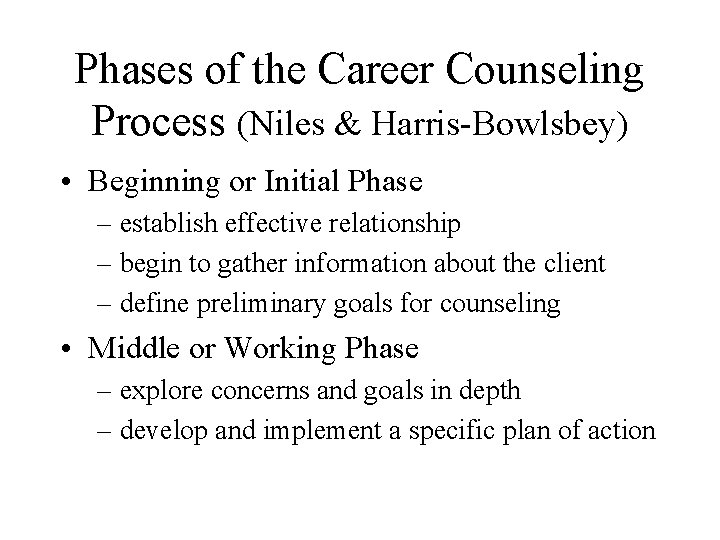Phases of the Career Counseling Process (Niles & Harris-Bowlsbey) • Beginning or Initial Phase