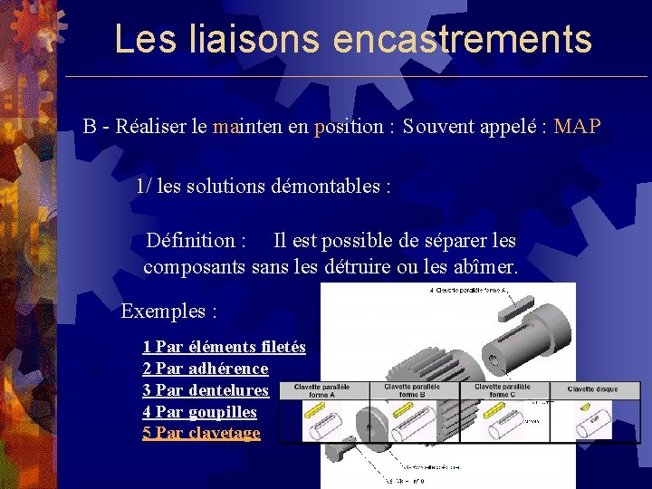 Les liaisons encastrements B - Réaliser le mainten en position : Souvent appelé :