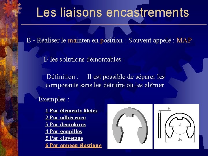 Les liaisons encastrements B - Réaliser le mainten en position : Souvent appelé :