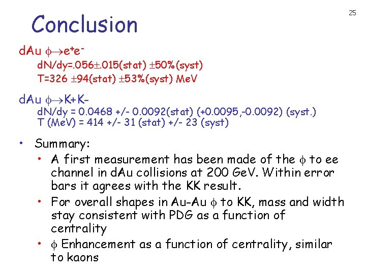 Conclusion d. Au e+e- d. N/dy=. 056. 015(stat) 50%(syst) T=326 94(stat) 53%(syst) Me. V