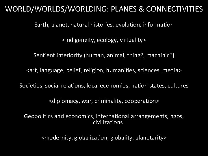 WORLD/WORLDS/WORLDING: PLANES & CONNECTIVITIES Earth, planet, natural histories, evolution, information <indigeneity, ecology, virtuality> Sentient