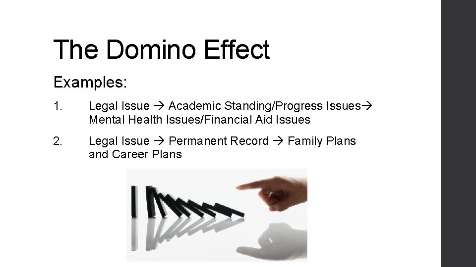 The Domino Effect Examples: 1. Legal Issue Academic Standing/Progress Issues Mental Health Issues/Financial Aid