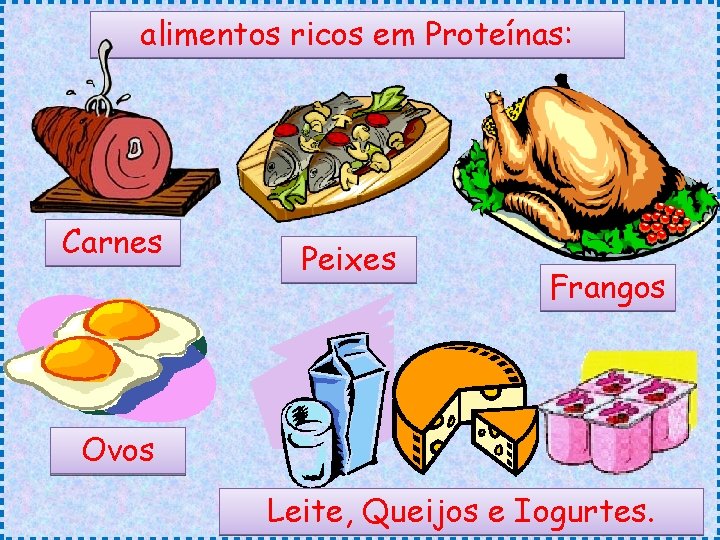 alimentos ricos em Proteínas: Carnes Peixes Frangos Ovos Leite, Queijos e Iogurtes. alimentos ricos em Proteínas: Carnes Peixes Frangos Ovos Leite, Queijos e Iogurtes.