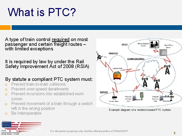 What is PTC? A type of train control required on most passenger and certain