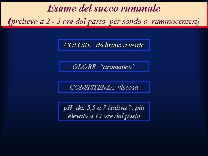 Esame del succo ruminale (prelievo a 2 - 3 ore dal pasto per sonda Esame del succo ruminale (prelievo a 2 - 3 ore dal pasto per sonda