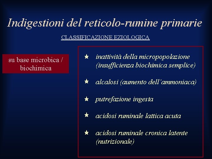 Indigestioni del reticolo-rumine primarie CLASSIFICAZIONE EZIOLOGICA su base microbica / biochimica inattività della micropopolazione Indigestioni del reticolo-rumine primarie CLASSIFICAZIONE EZIOLOGICA su base microbica / biochimica inattività della micropopolazione