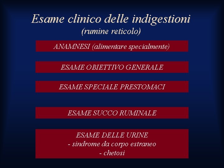Esame clinico delle indigestioni (rumine reticolo) ANAMNESI (alimentare specialmente) ESAME OBIETTIVO GENERALE ESAME SPECIALE Esame clinico delle indigestioni (rumine reticolo) ANAMNESI (alimentare specialmente) ESAME OBIETTIVO GENERALE ESAME SPECIALE