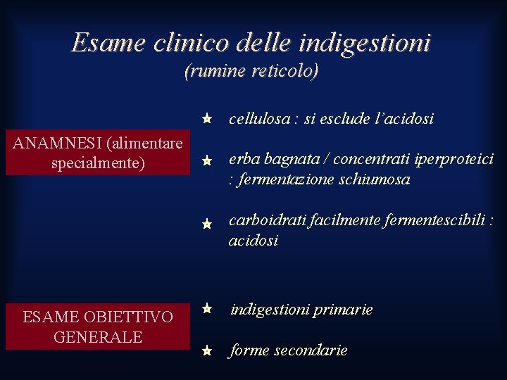 Esame clinico delle indigestioni (rumine reticolo) cellulosa : si esclude l’acidosi ANAMNESI (alimentare specialmente) Esame clinico delle indigestioni (rumine reticolo) cellulosa : si esclude l’acidosi ANAMNESI (alimentare specialmente)