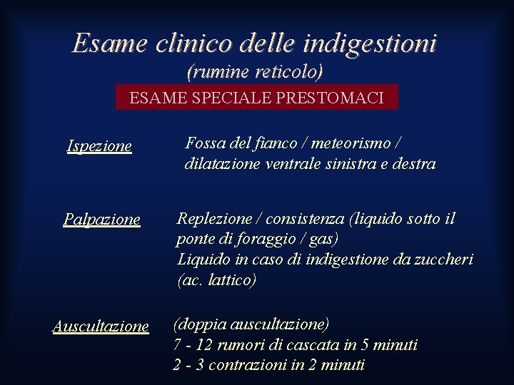 Esame clinico delle indigestioni (rumine reticolo) ESAME SPECIALE PRESTOMACI Ispezione Palpazione Auscultazione Fossa del Esame clinico delle indigestioni (rumine reticolo) ESAME SPECIALE PRESTOMACI Ispezione Palpazione Auscultazione Fossa del