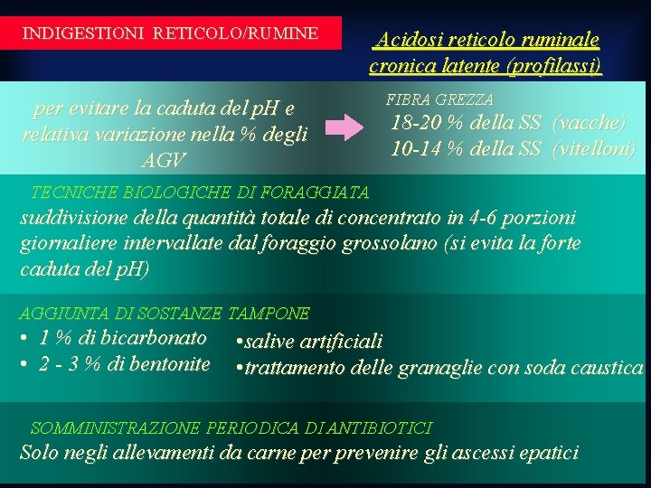 INDIGESTIONI RETICOLO/RUMINE Acidosi reticolo ruminale cronica latente (profilassi) per evitare la caduta del p. INDIGESTIONI RETICOLO/RUMINE Acidosi reticolo ruminale cronica latente (profilassi) per evitare la caduta del p.