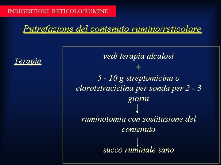 INDIGESTIONI RETICOLO/RUMINE Putrefazione del contenuto rumino/reticolare Terapia vedi terapia alcalosi + 5 - 10 INDIGESTIONI RETICOLO/RUMINE Putrefazione del contenuto rumino/reticolare Terapia vedi terapia alcalosi + 5 - 10