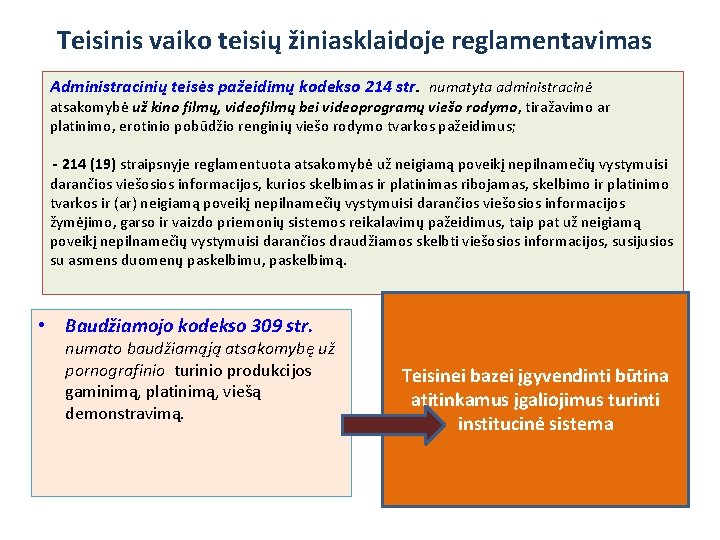 Teisinis vaiko teisių žiniasklaidoje reglamentavimas Administracinių teisės pažeidimų kodekso 214 str. numatyta administracinė atsakomybė