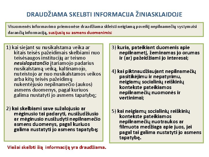 DRAUDŽIAMA SKELBTI INFORMACIJA ŽINIASKLAIDOJE Visuomenės informavimo priemonėse draudžiama skleisti neigiamą poveikį nepilnamečių vystymuisi darančią