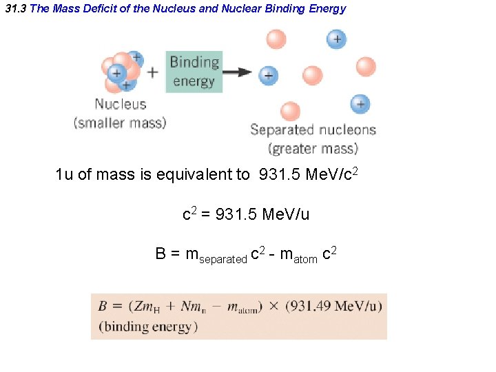 31. 3 The Mass Deficit of the Nucleus and Nuclear Binding Energy 1 u 31. 3 The Mass Deficit of the Nucleus and Nuclear Binding Energy 1 u