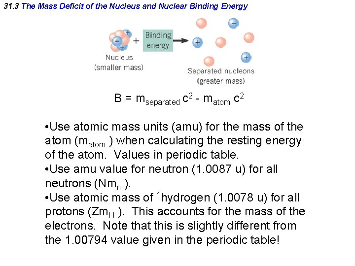 31. 3 The Mass Deficit of the Nucleus and Nuclear Binding Energy B = 31. 3 The Mass Deficit of the Nucleus and Nuclear Binding Energy B =