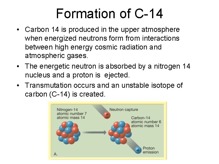 Formation of C-14 • Carbon 14 is produced in the upper atmosphere when energized Formation of C-14 • Carbon 14 is produced in the upper atmosphere when energized